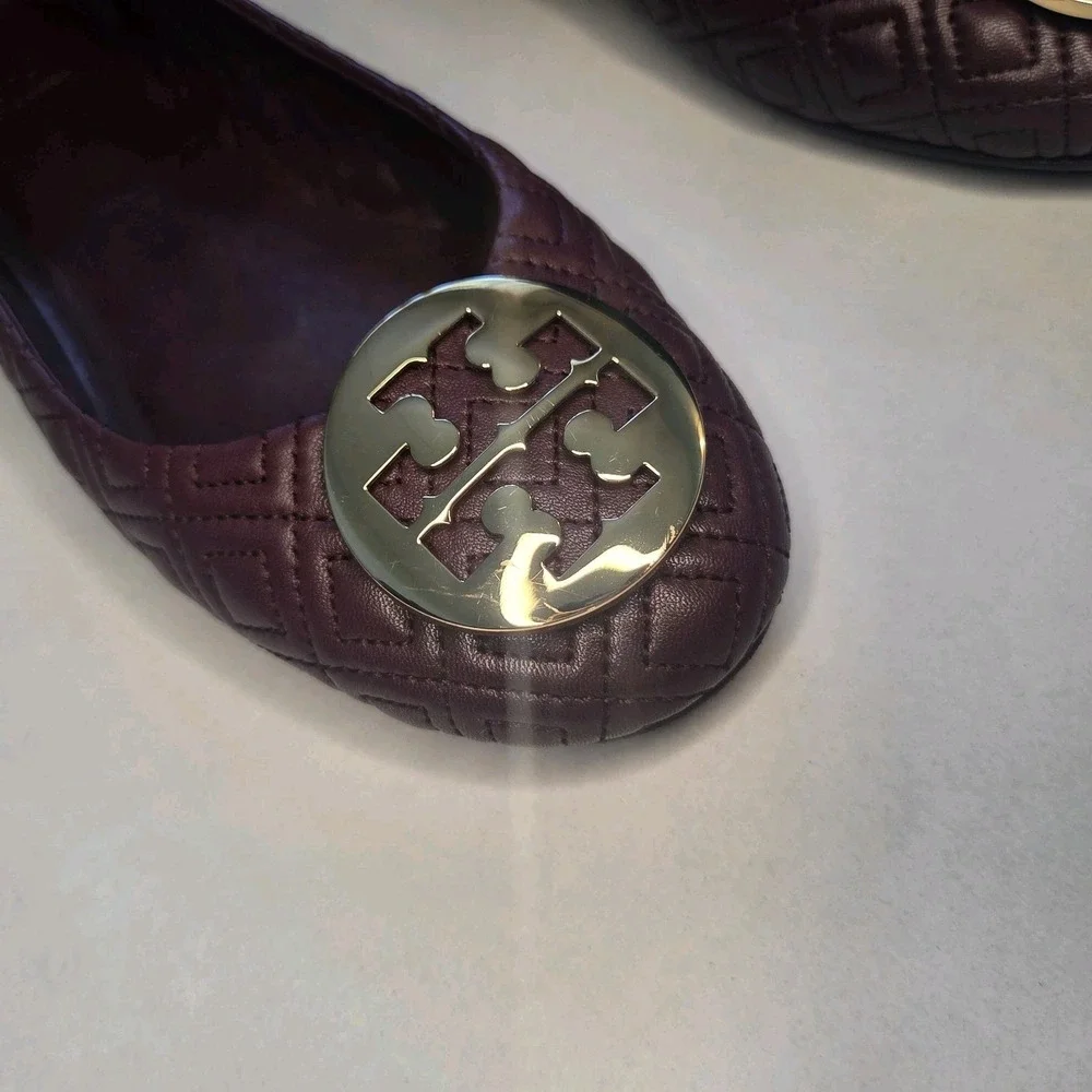 Tory Burch Minnie Quilted Nappa Leather Ballet Flats Port Burgundy Wine US 10